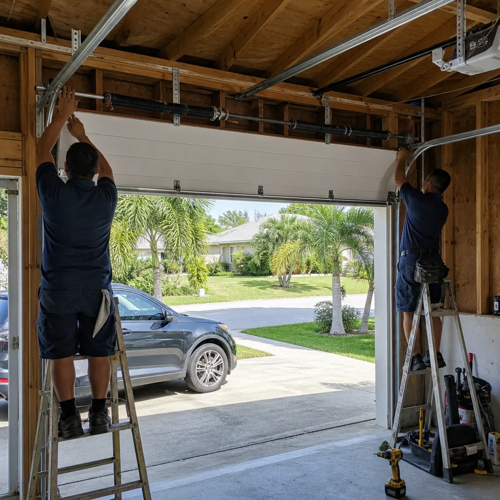Two technicians installing a new residential garage door