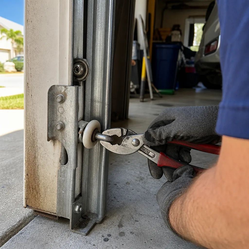 Technician using pliers to repair a garage door track and roller