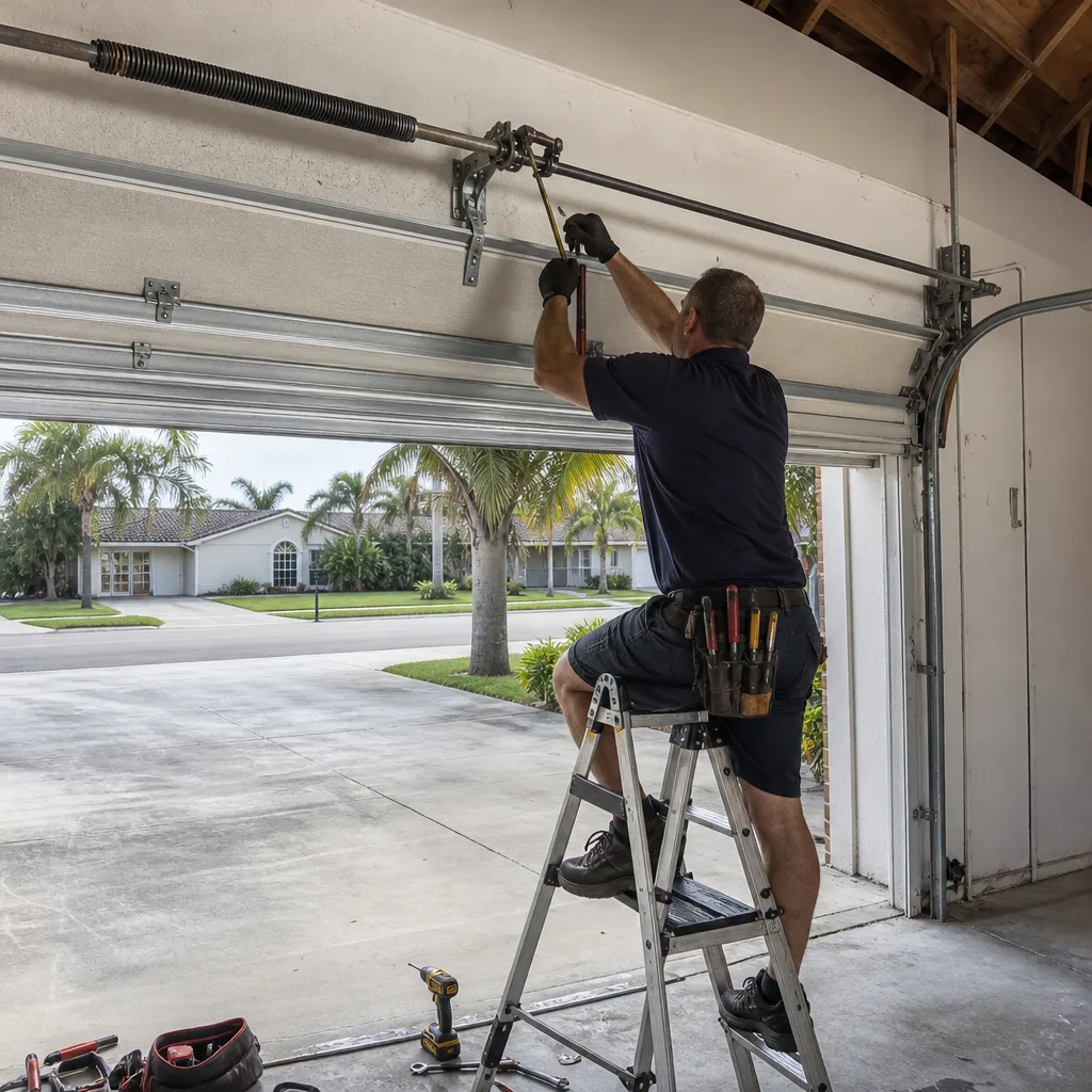 Technician performing professional garage door torsion spring repair on a ladder