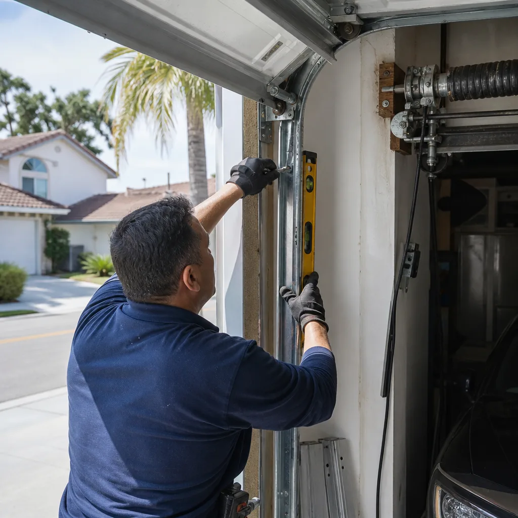 Technician using a level to repair a residential garage door track