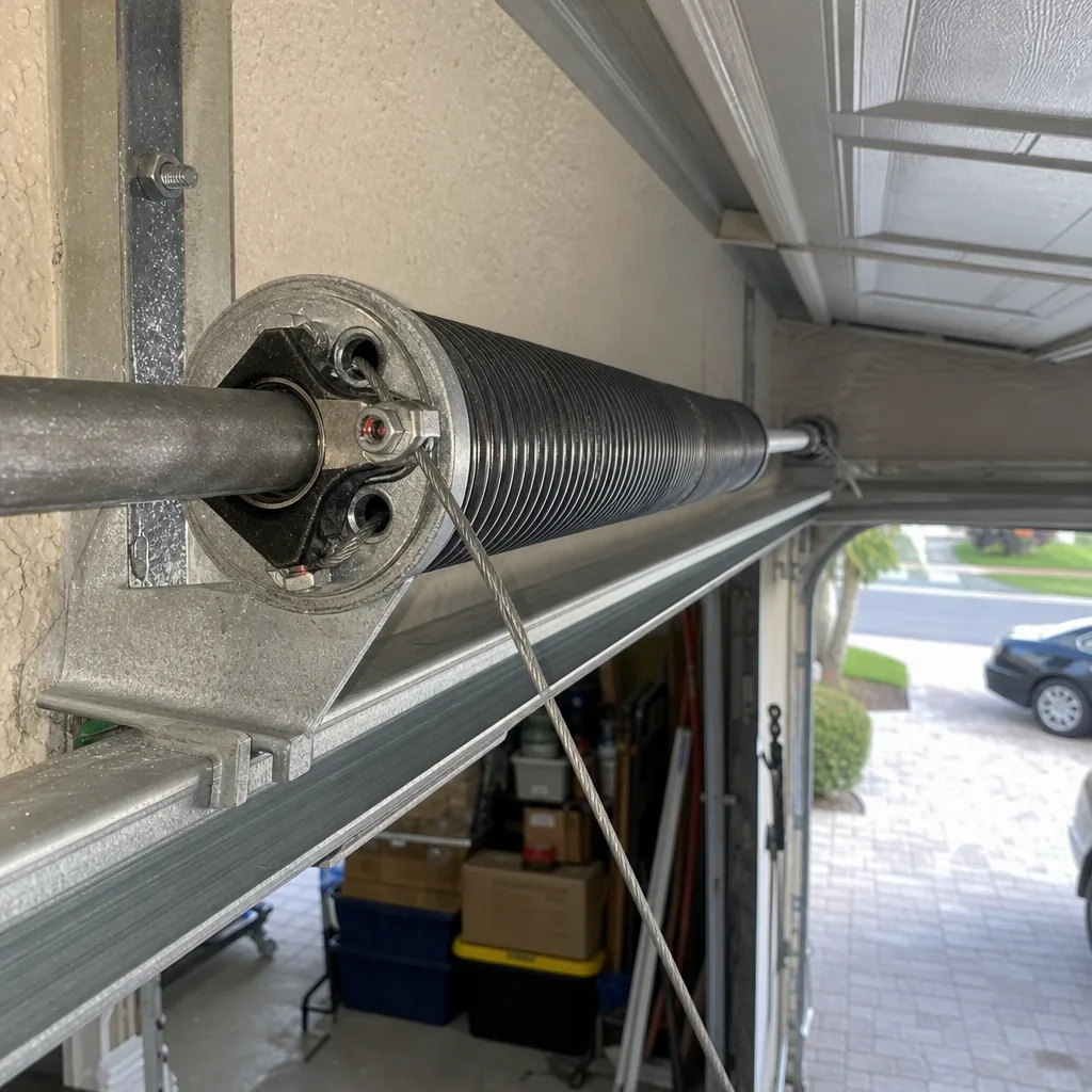 Close-up of a garage door torsion spring repair and cable system