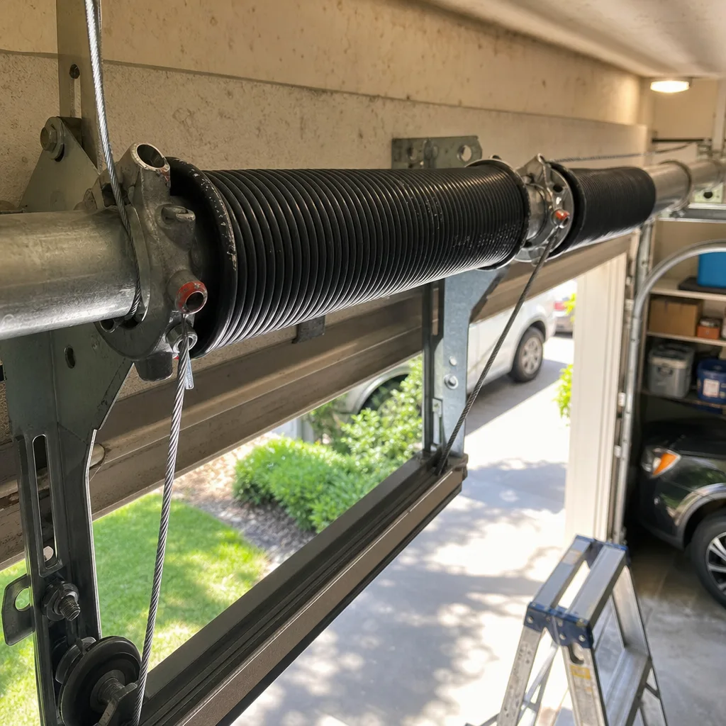 Close-up of garage door torsion spring and cable repair mechanism